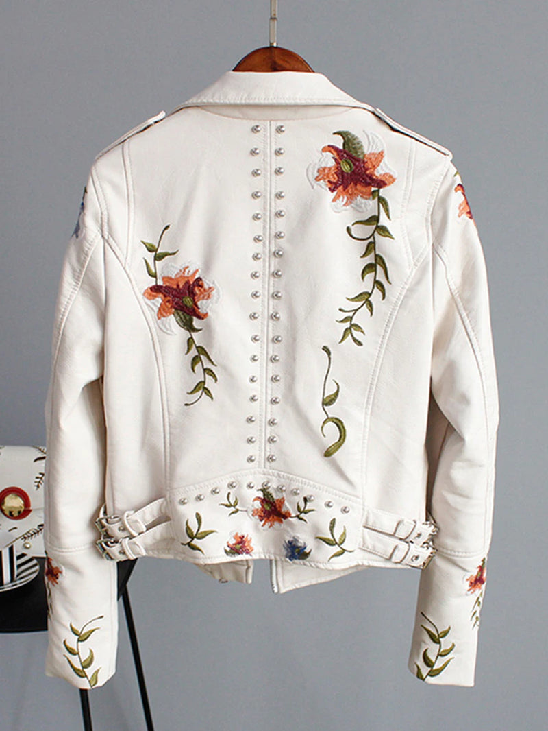 Women's Floral Print Embroidery Faux Soft Leather Jacket