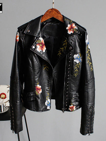 Women's Floral Print Embroidery Faux Soft Leather Jacket