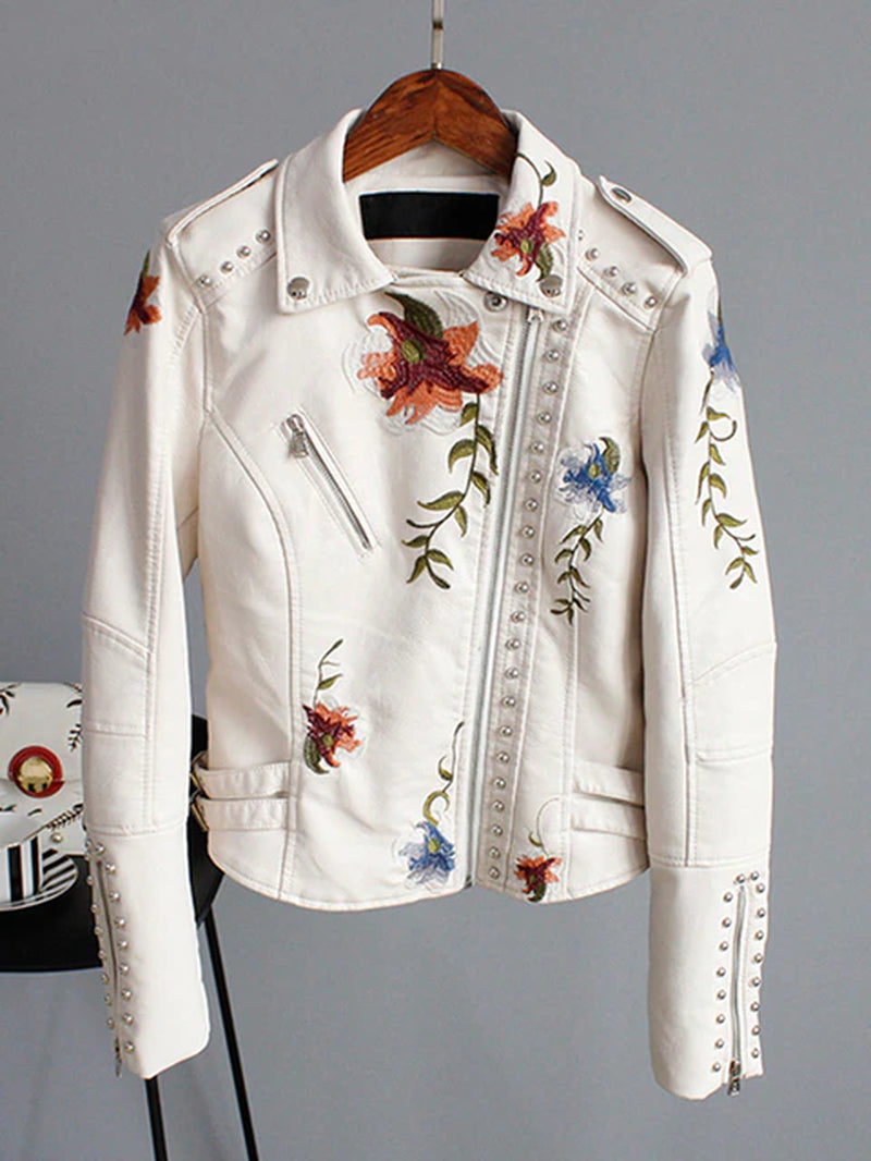 Women's Floral Print Embroidery Faux Soft Leather Jacket