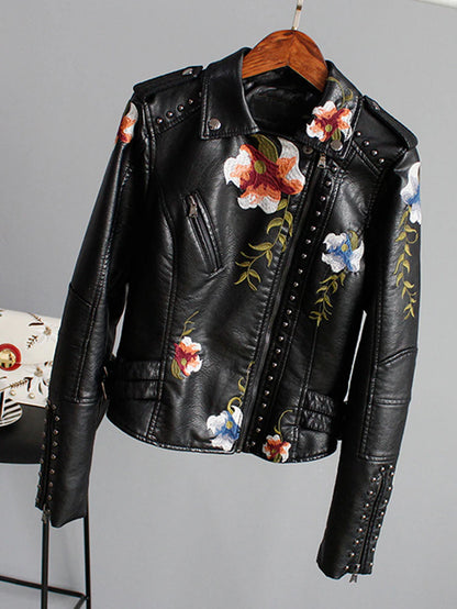 Women's Floral Print Embroidery Faux Soft Leather Jacket