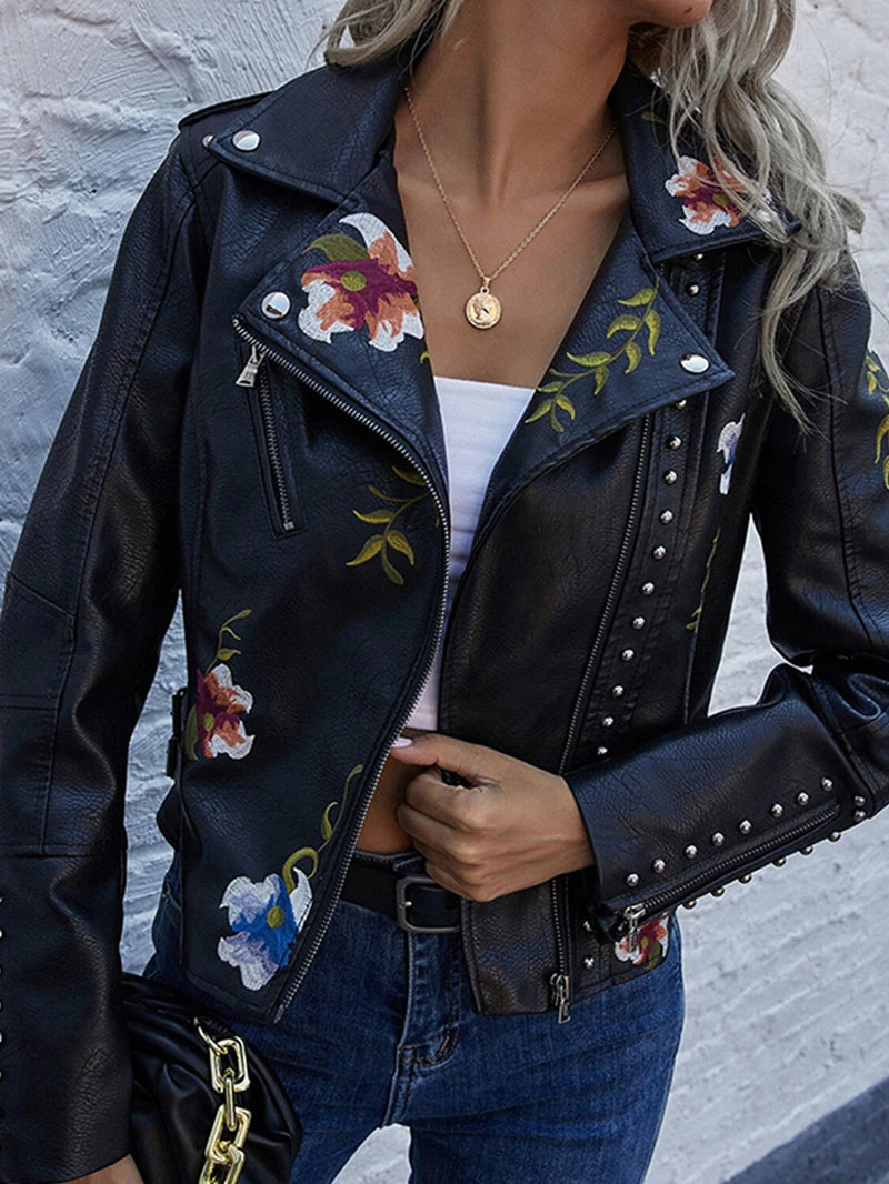 Women's Floral Print Embroidery Faux Soft Leather Jacket