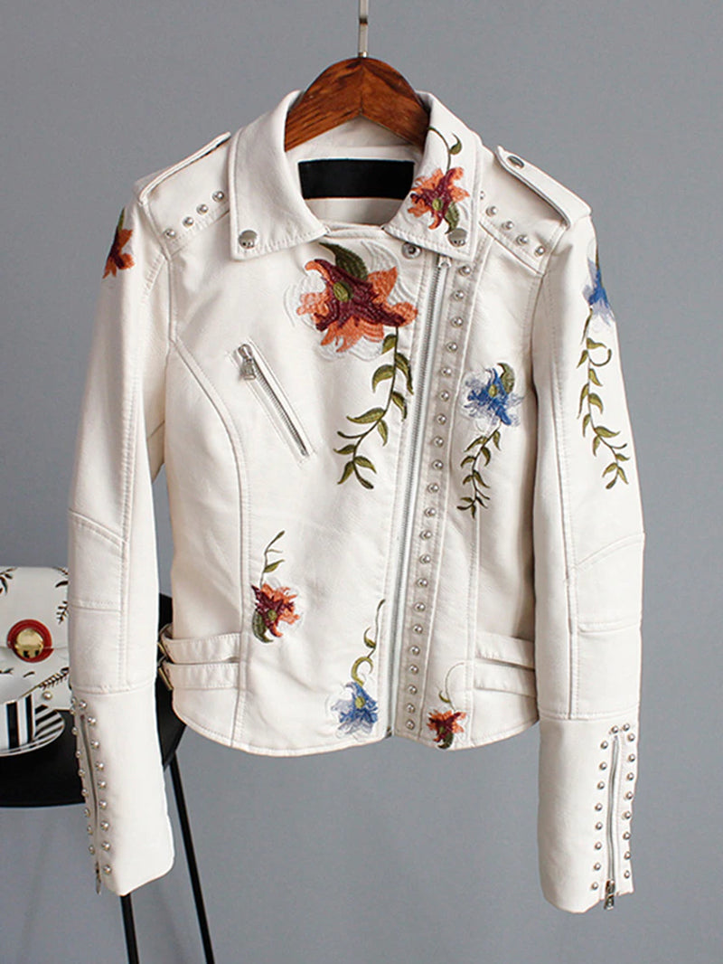 Women's Floral Print Embroidery Faux Soft Leather Jacket