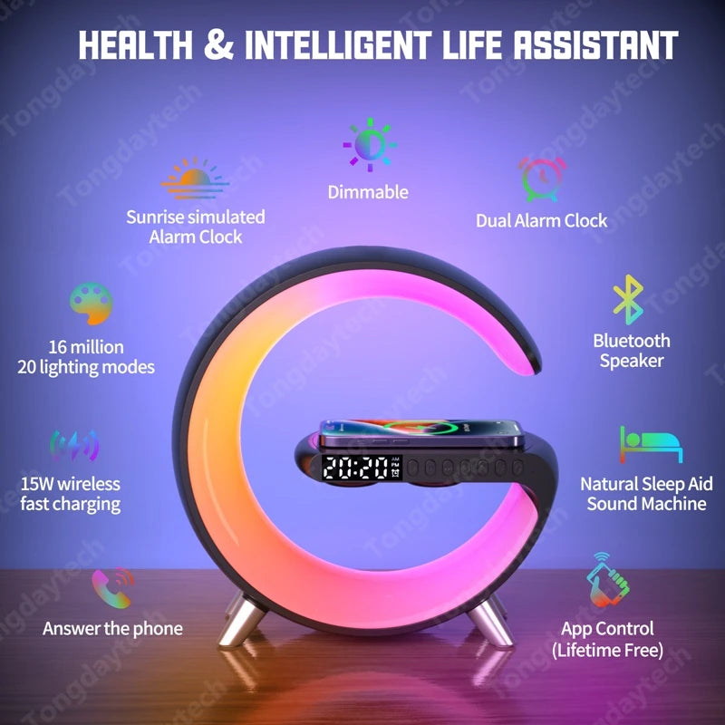 Multifunctional Wireless Charger, Alarm Clock, Speaker, APP Control, RGB Night Light, Charging Station for Iphone 11 12 13 14 Samsung