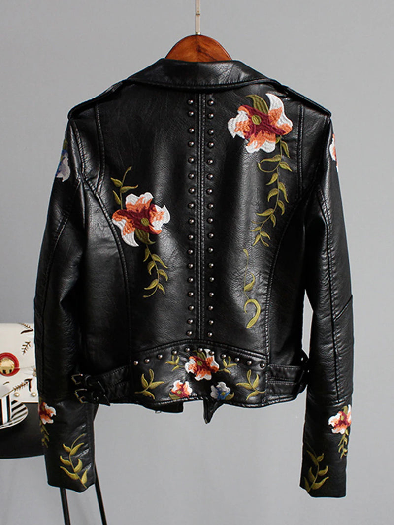 Women's Floral Print Embroidery Faux Soft Leather Jacket